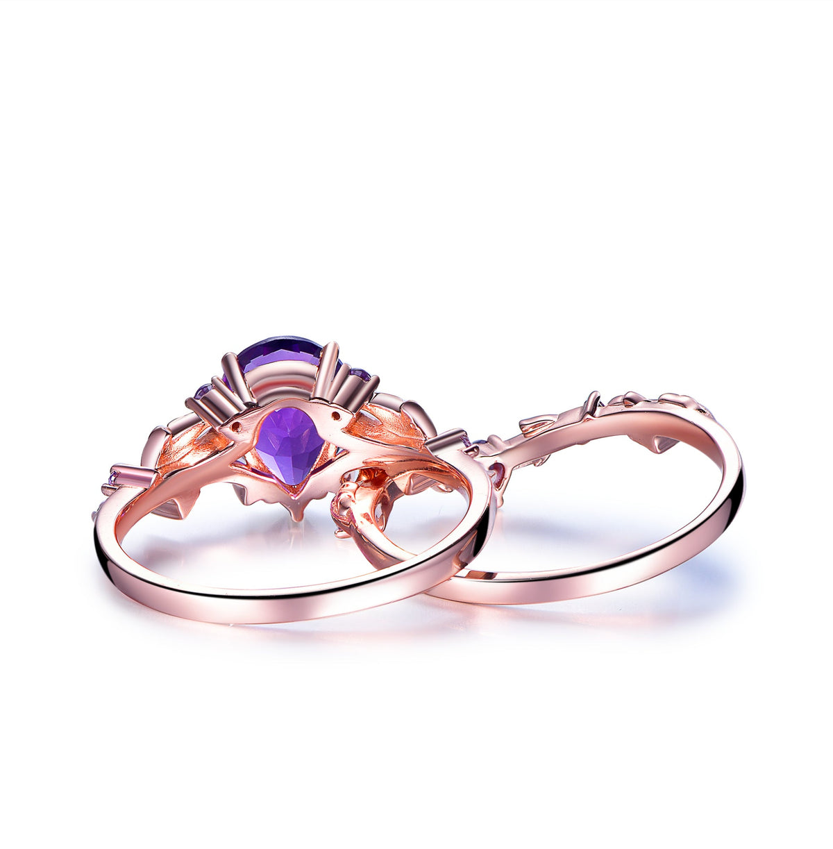 Pear Amethyst Vine Ring Art Deco Bridal Set 14K Gold