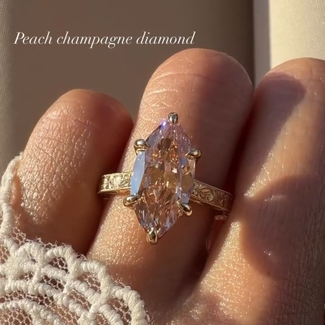 Vintage 3.0ct Hand-Engraved Peach Champagne Marquise Cut Engagement Ring In Sterling Silver