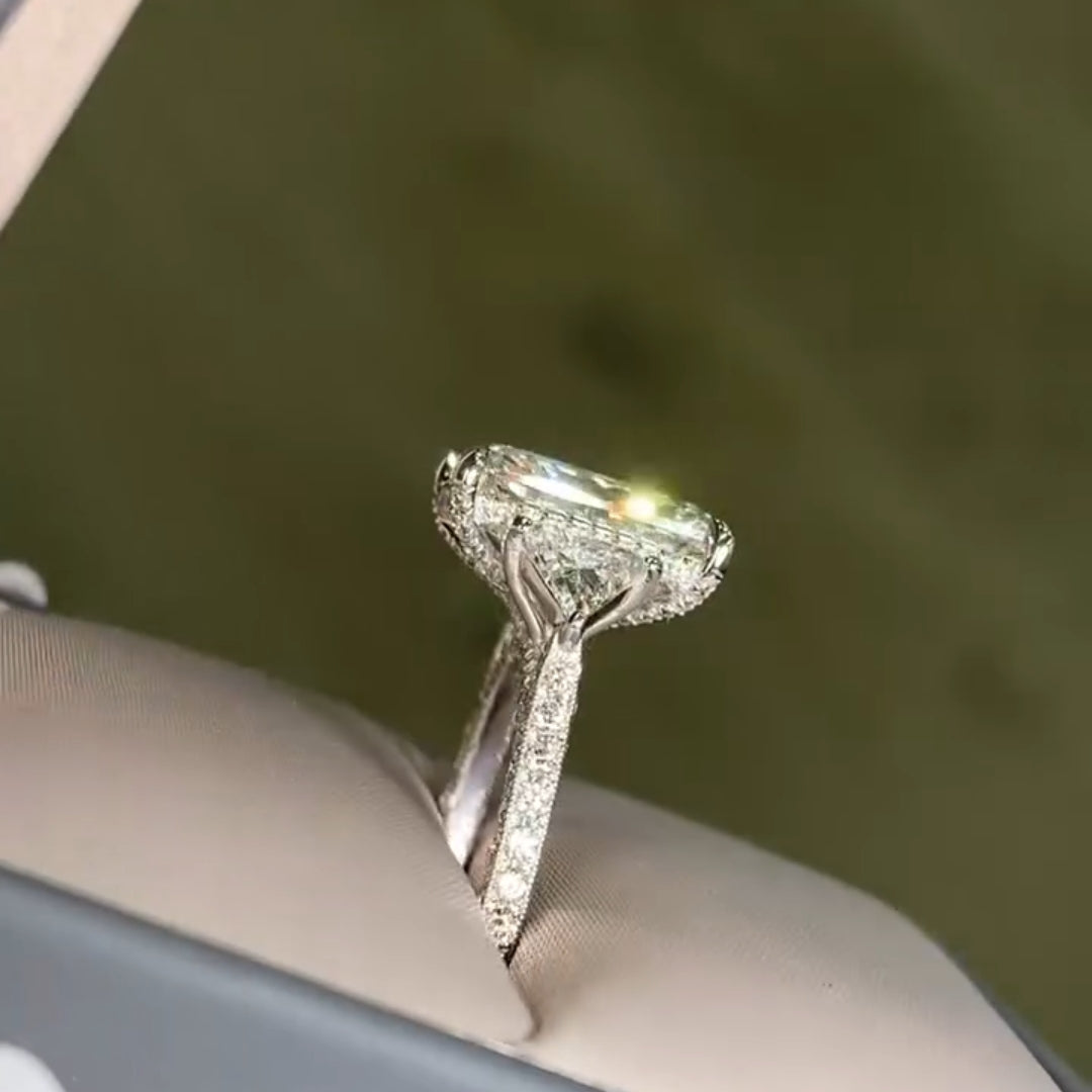 Luxurious Radiant Cut 5.0ct Three Stone Engagement Ring In Sterling Silver