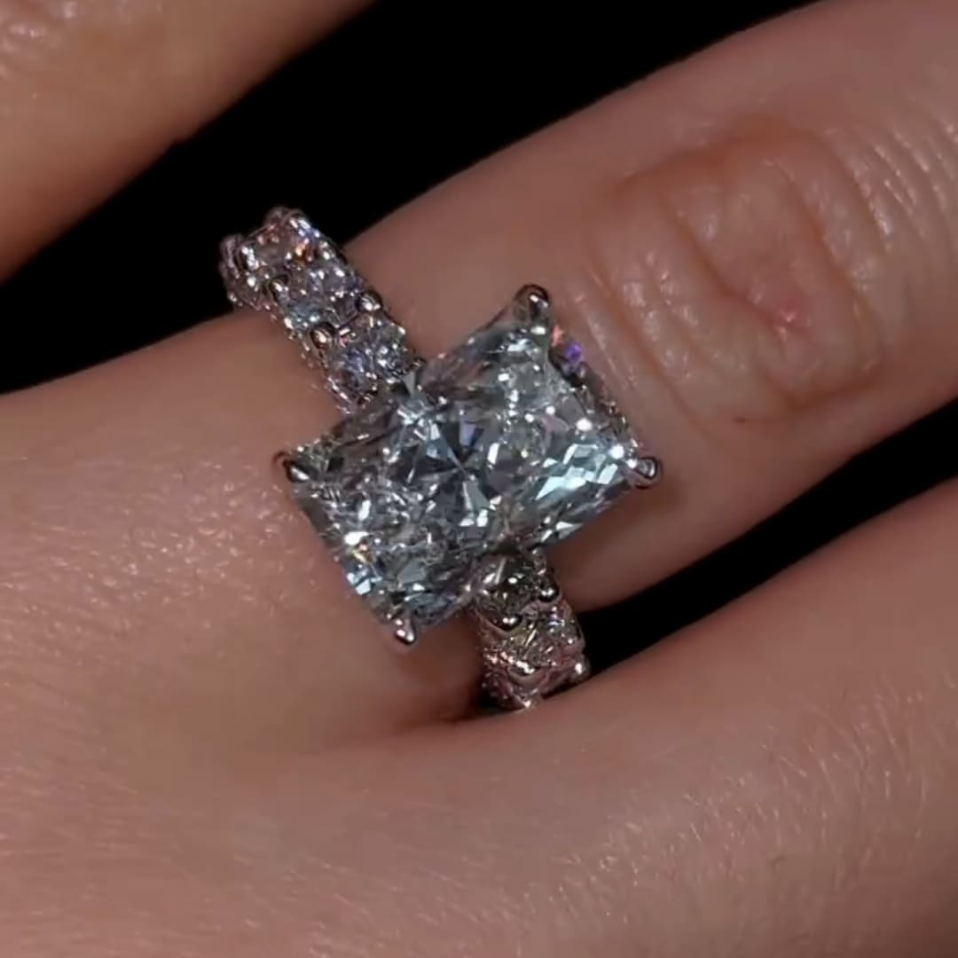 Iridescent-hued Hidden Halo Radiant Cut 5.0ct Engagement Ring In Sterling Silver