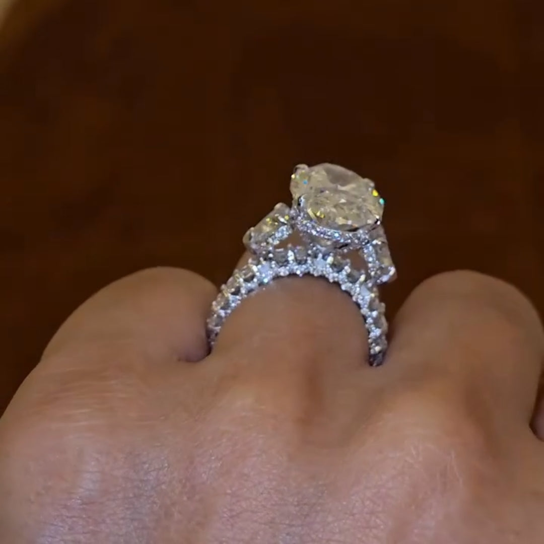 Glamorous Three-Stone Hidden Halo Oval Cut 10.0ct Engagement Ring