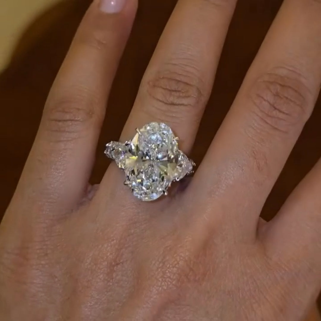 Glamorous Three-Stone Hidden Halo Oval Cut 10.0ct Engagement Ring