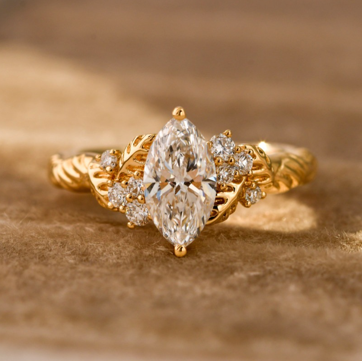 Vintage Leaf Vein Marquise Cut Engagement Ring