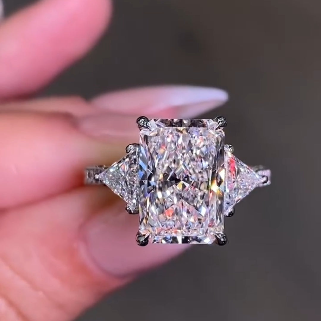 Luxurious Radiant Cut 5.0ct Three Stone Engagement Ring In Sterling Silver