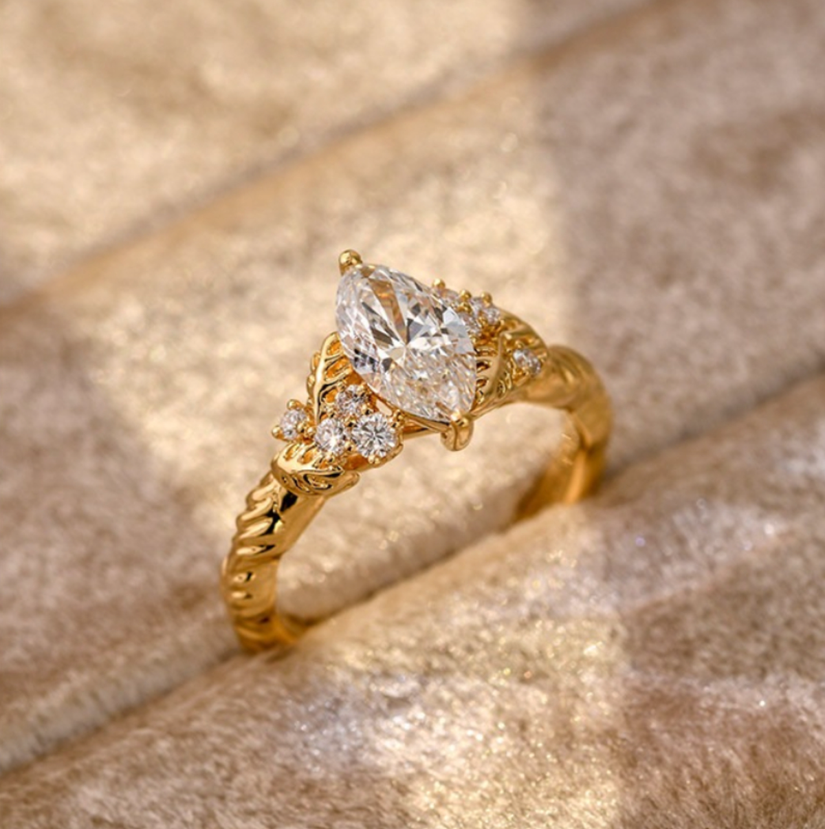 Vintage Leaf Vein Marquise Cut Engagement Ring