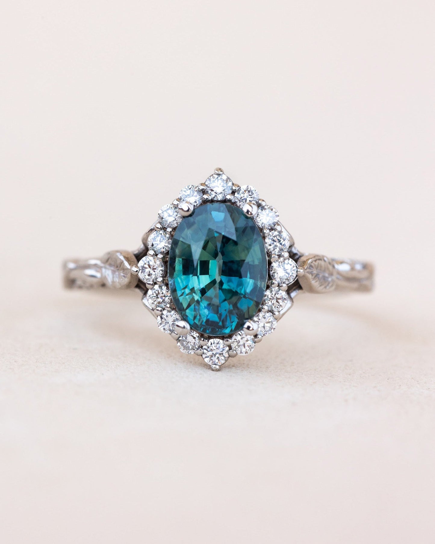 READY TO SHIP Florentina ring in 14K white gold, natural teal sapphire oval cut 8x6 mm, accent lab grown diamonds, RING SIZE: 4.5 - 7.5 US