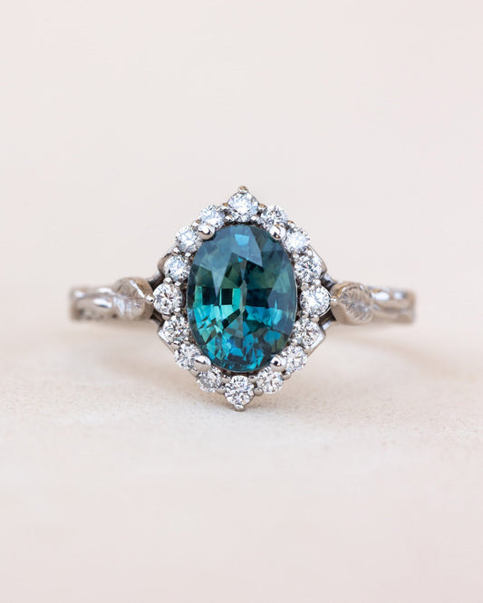 READY TO SHIP Florentina ring in 14K white gold, natural teal sapphire oval cut 8x6 mm, accent lab grown diamonds, RING SIZE: 4.5 - 7.5 US