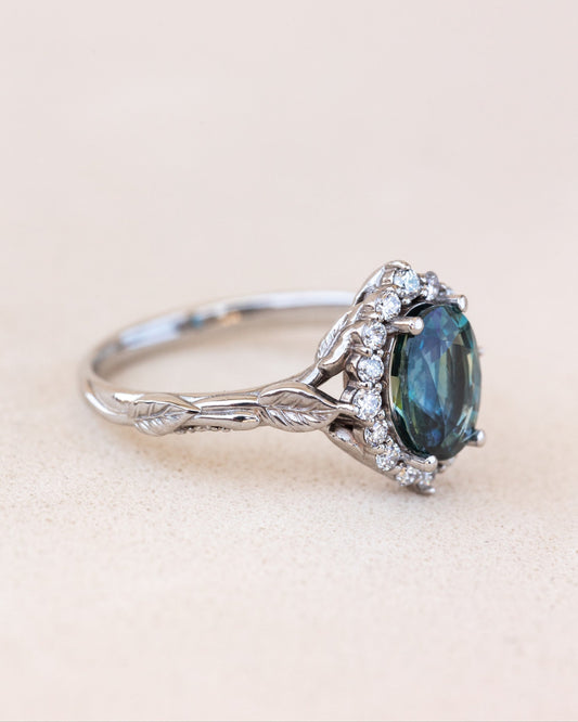 READY TO SHIP Florentina ring in 14K white gold, natural teal sapphire oval cut 8x6 mm, accent lab grown diamonds, RING SIZE: 4.5 - 7.5 US