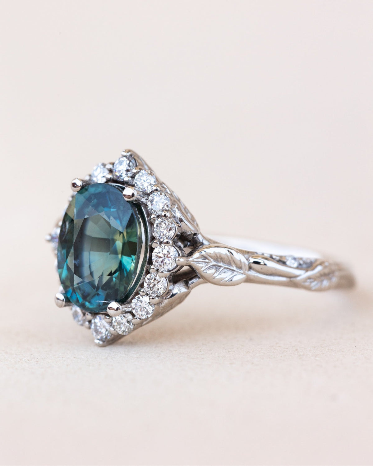 READY TO SHIP Florentina ring in 14K white gold, natural teal sapphire oval cut 8x6 mm, accent lab grown diamonds, RING SIZE: 4.5 - 7.5 US