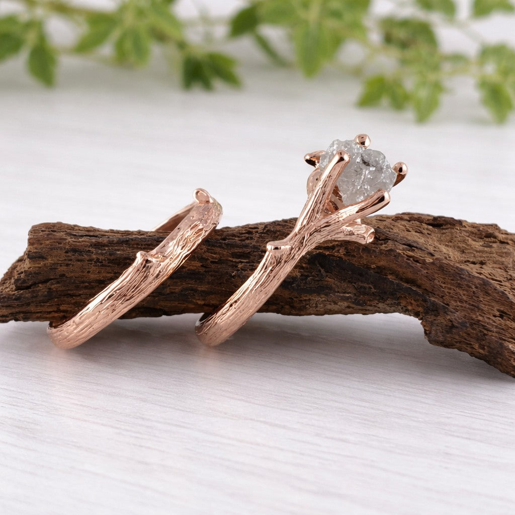 Raw Diamond Twig Style Bridal Set