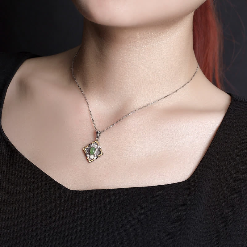 Fortune Jewel 925 Sterling Silver Plated Gold Hetian Cyan Jade Rhombus Design Luck Healing Necklace Pendant