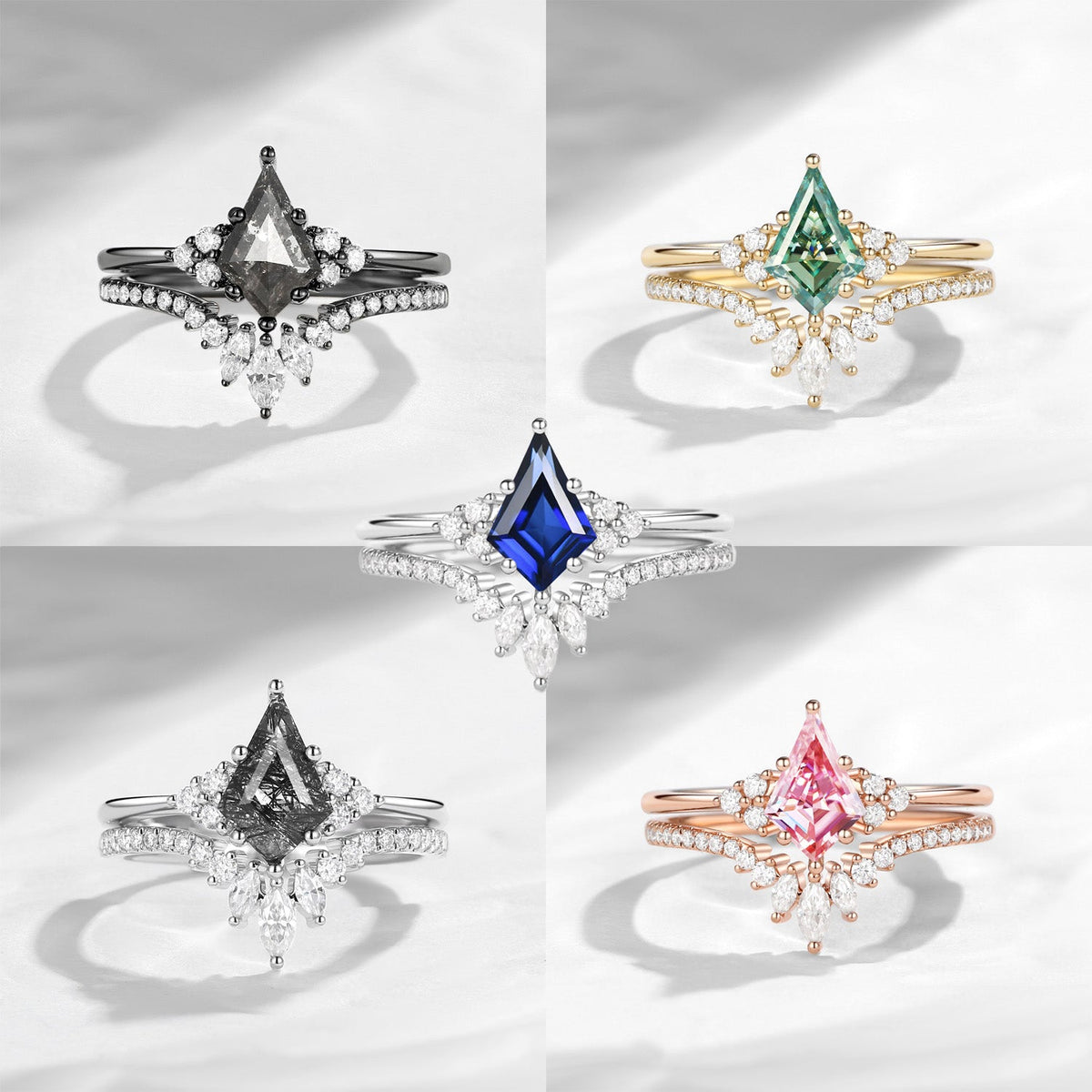Classic Kite Cut Herkimer Diamond Cluster Engagement Ring Bridal Set 2pcs - Electra
