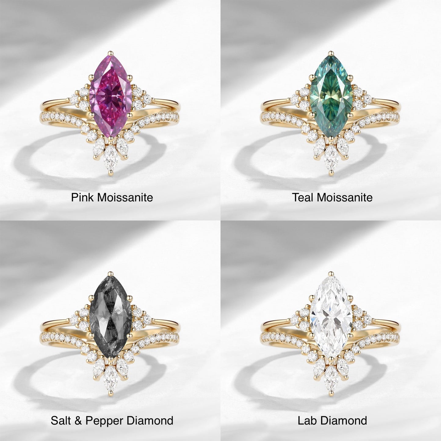 Classic Style Marquise Cut Salt & Pepper Diamond Cluster Engagement Ring Set