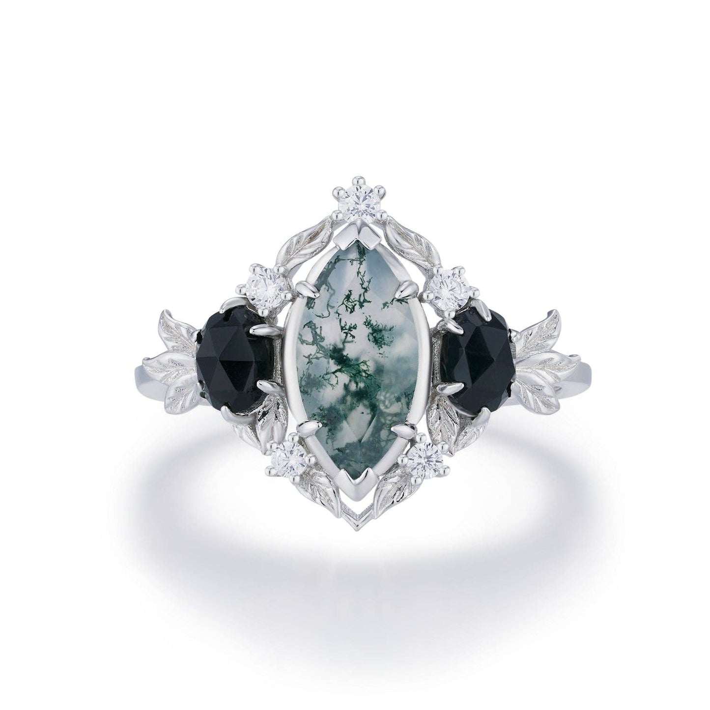 Noctis Moss Agate Black Onyx Ring©: White Gold Vermeil size T1/2