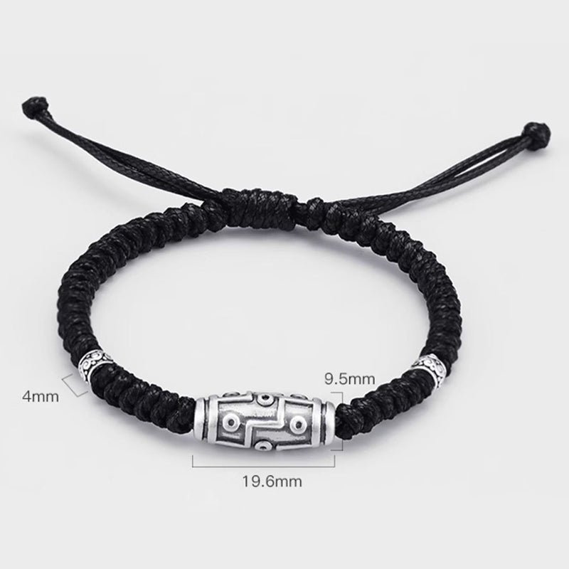 Fortune Jewel 999 Sterling Silver Nine-Eye Dzi Bead Pattern Blessing Rope Bracelet