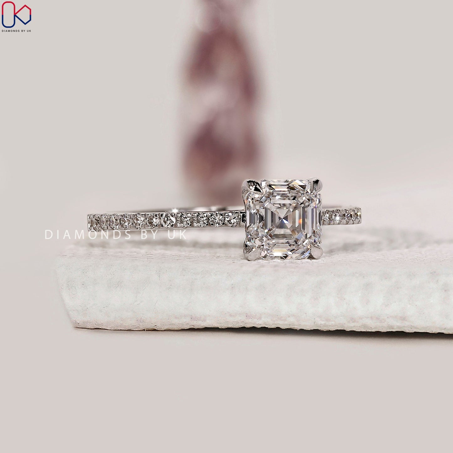 Asscher Diamond Ring With Pave Setting