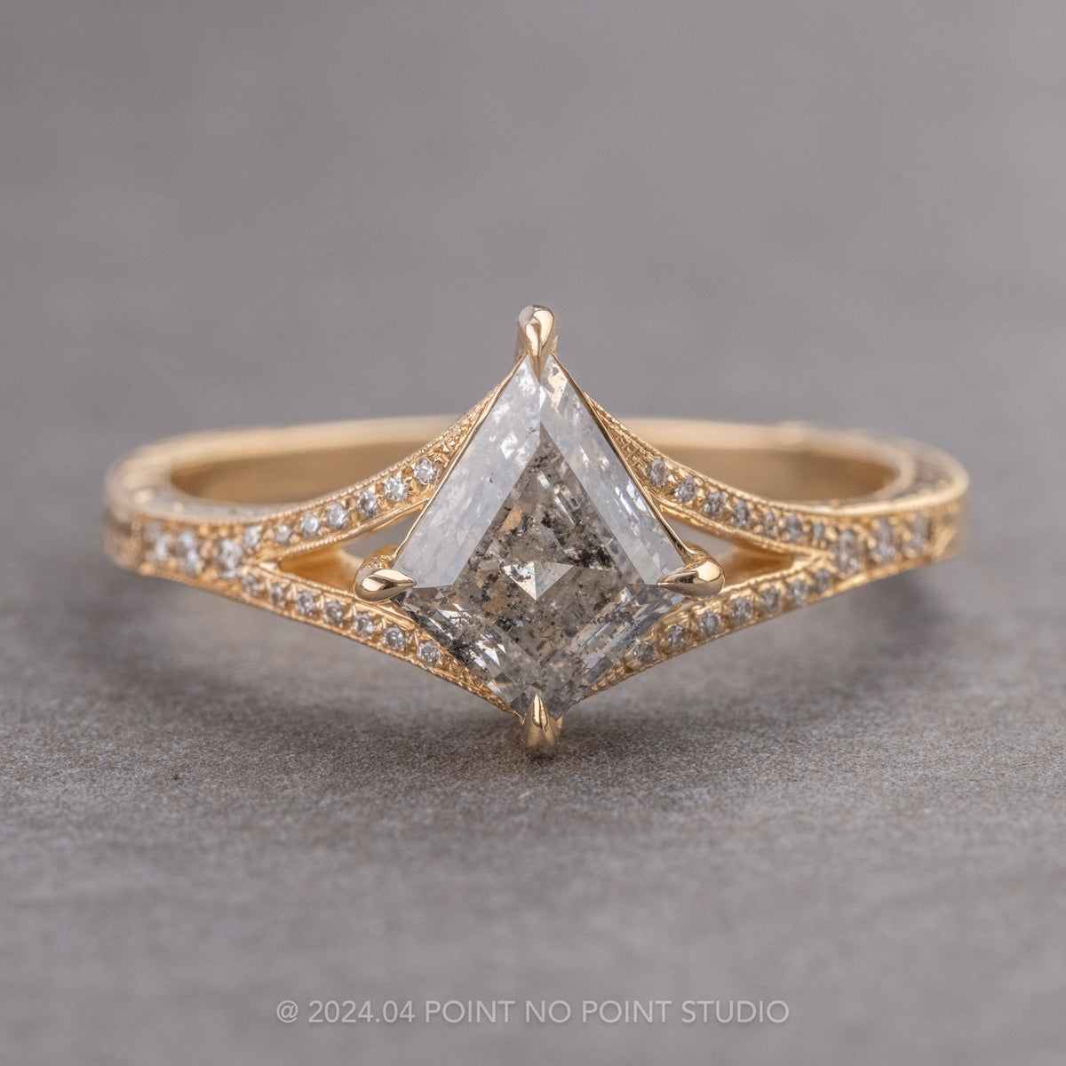 1.17 Carat Canadian Salt and Pepper Kite Diamond Engagement Ring, Engraved River Setting