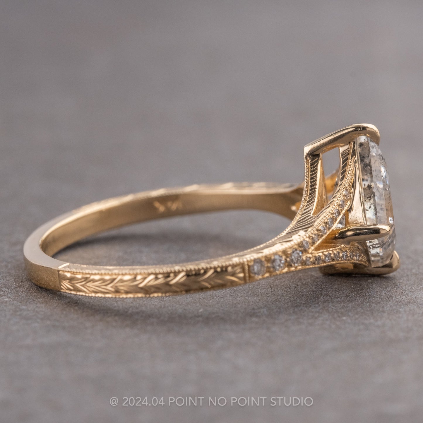 1.17 Carat Canadian Salt and Pepper Kite Diamond Engagement Ring, Engraved River Setting