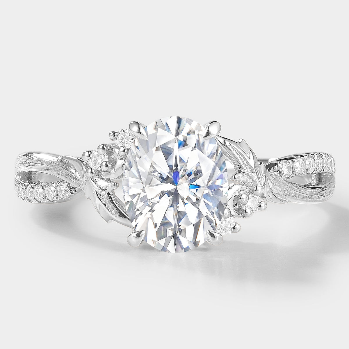 Oval Cut Moissanite Engagement Ring With Leaf Bark Texture