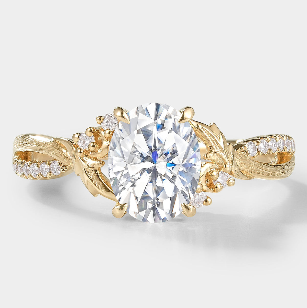 Oval Cut Moissanite Engagement Ring With Leaf Bark Texture