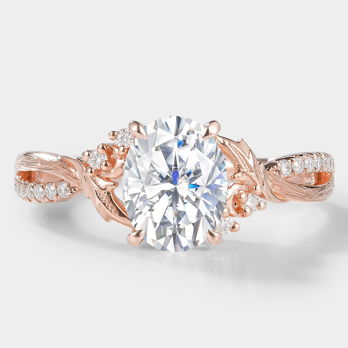 Oval Cut Moissanite Engagement Ring With Leaf Bark Texture
