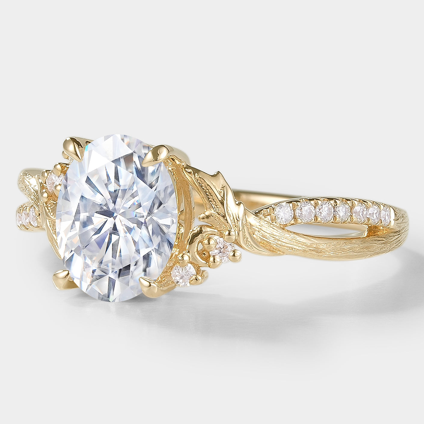 Oval Cut Moissanite Engagement Ring With Leaf Bark Texture