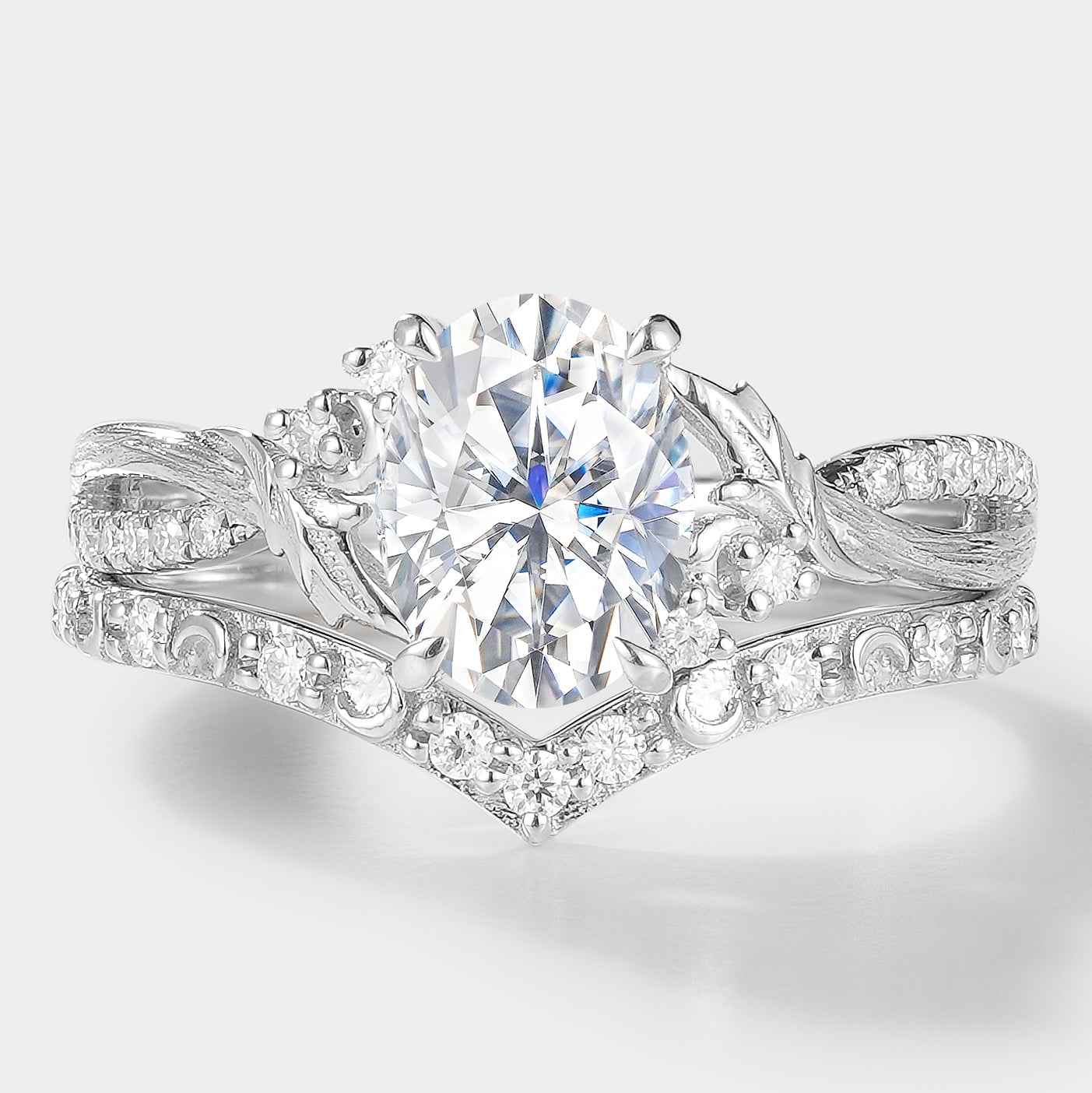Moissanite Leaf Bark Texture Engagement Ring Sets 2pcs