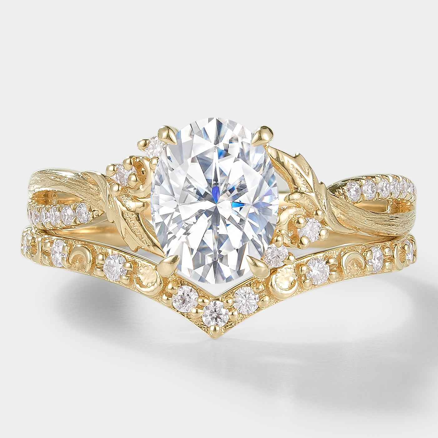Moissanite Leaf Bark Texture Engagement Ring Sets 2pcs