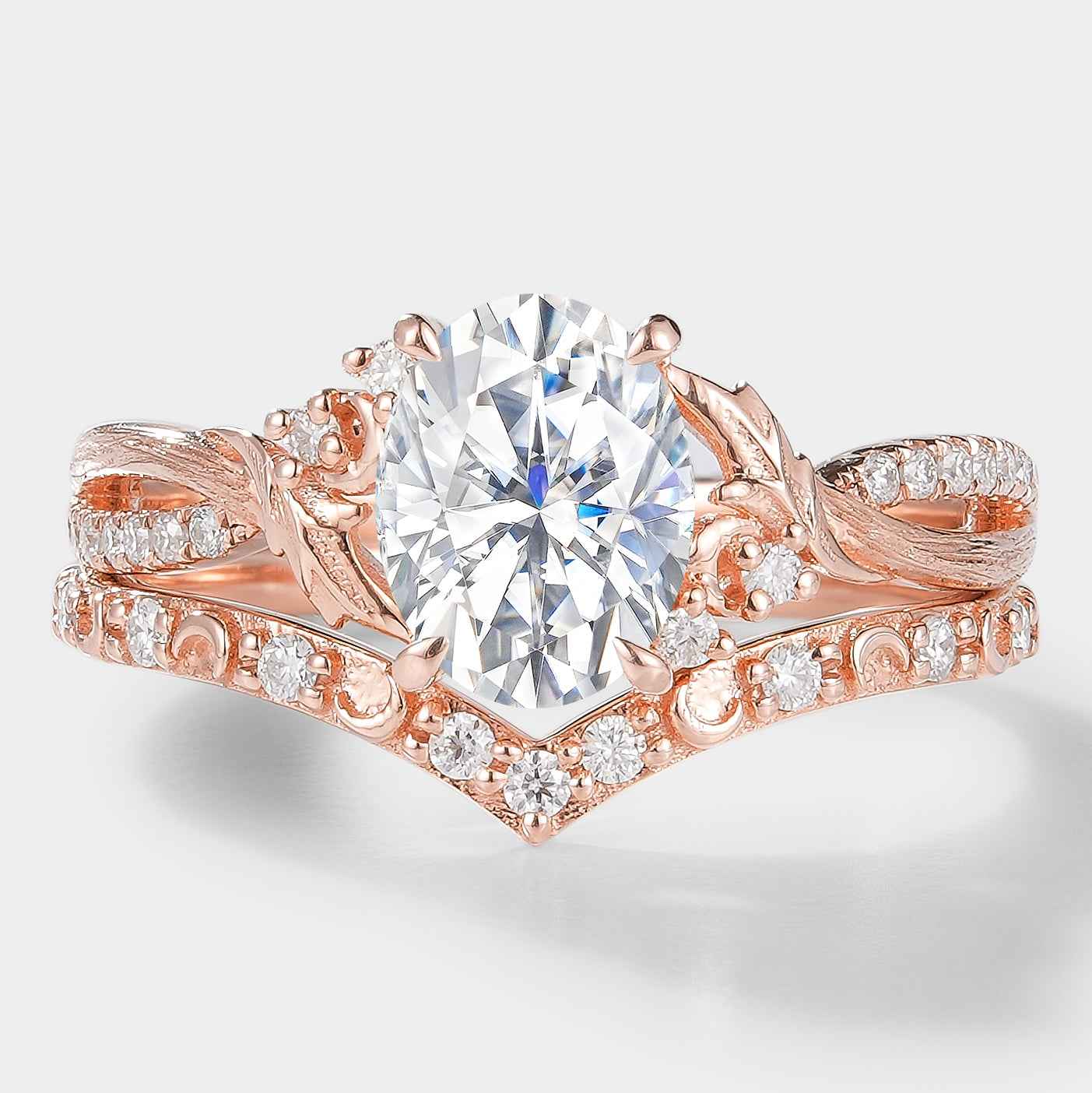 Moissanite Leaf Bark Texture Engagement Ring Sets 2pcs