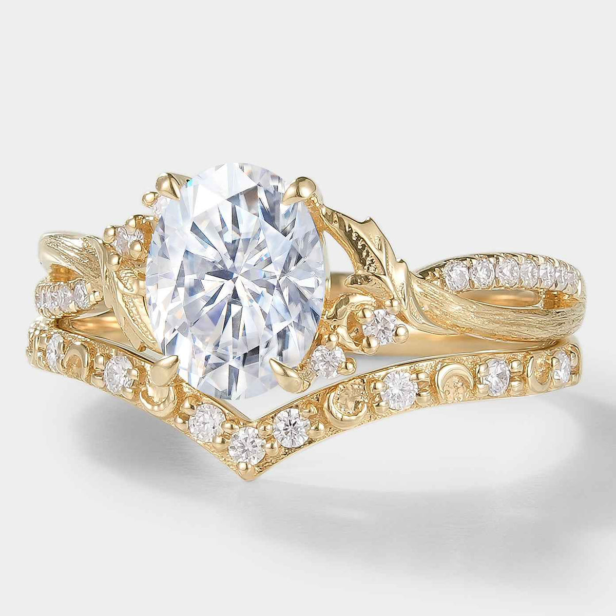 Moissanite Leaf Bark Texture Engagement Ring Sets 2pcs