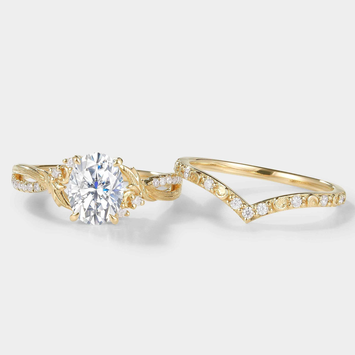 Moissanite Leaf Bark Texture Engagement Ring Sets 2pcs