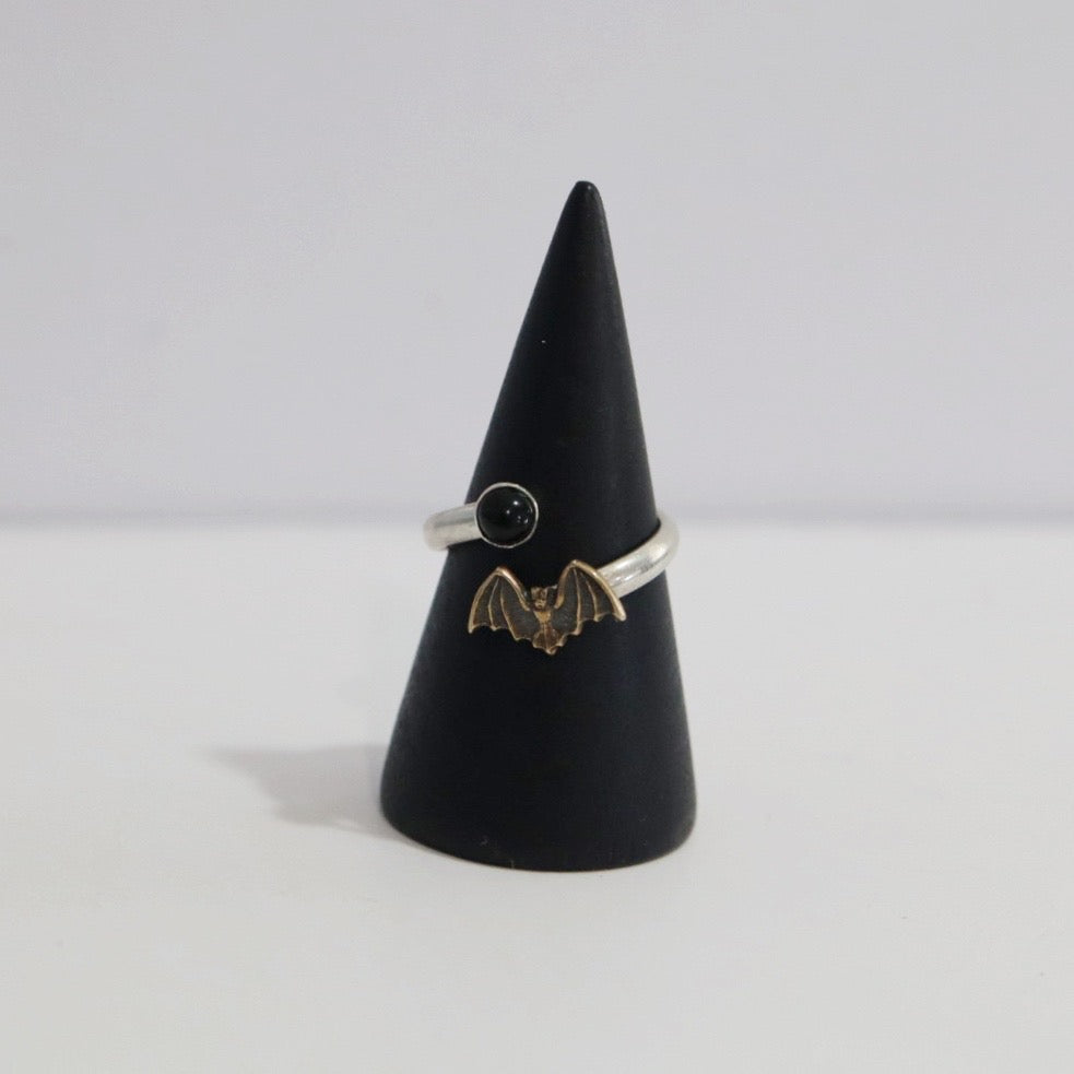 Open Bat and Onyx Gemstone Ring in Oxidized Brass and Sterling Silver / READY TO SHIP size 5.5
