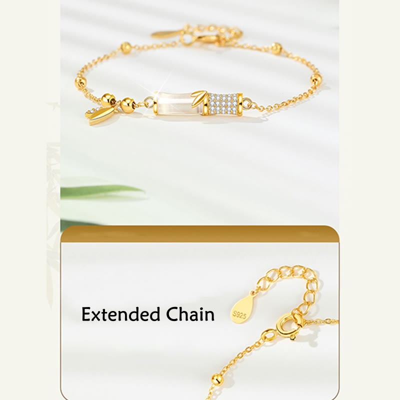 Fortune Jewel 925 Sterling Silver 18K Gold Plated White Jade Bamboo Zircon Leaf Luck Bracelet