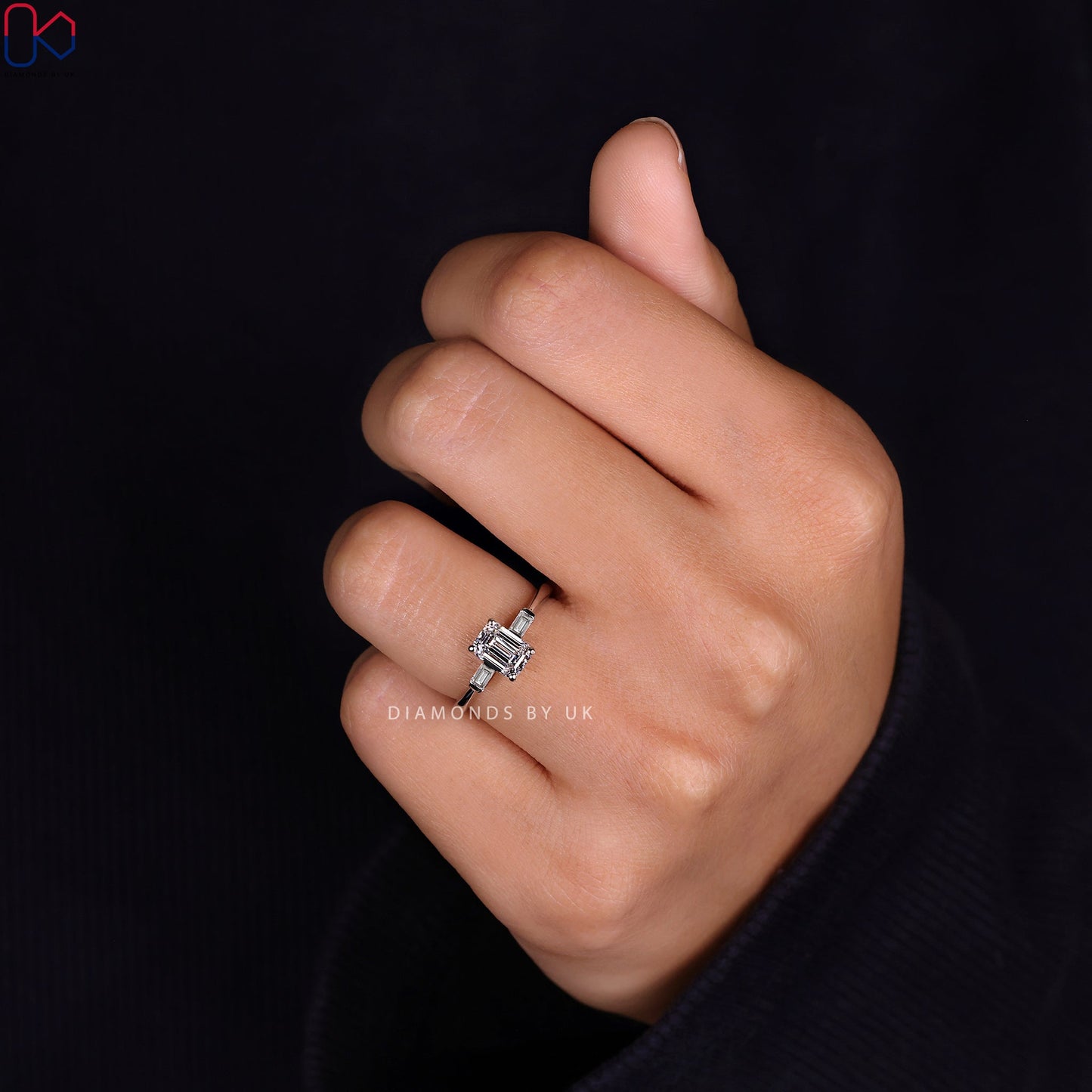 3 Stone Diamond Ring - Emerald and Baguette Cut