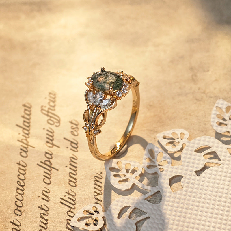 Oval Moss Agate Hollow Ring