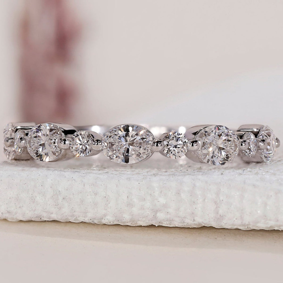 Oval and Round Diamond Wedding Band – Half Eternity Style