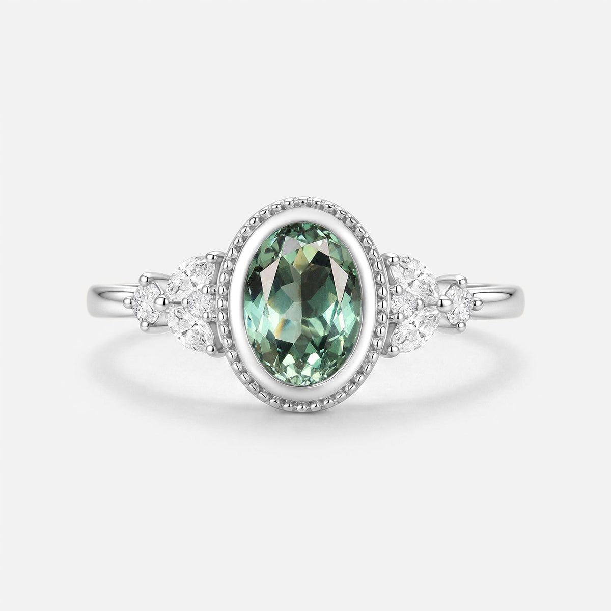 Oval Cut Bezel Lab Green Sapphire Cluster Engagement Ring - Celestia