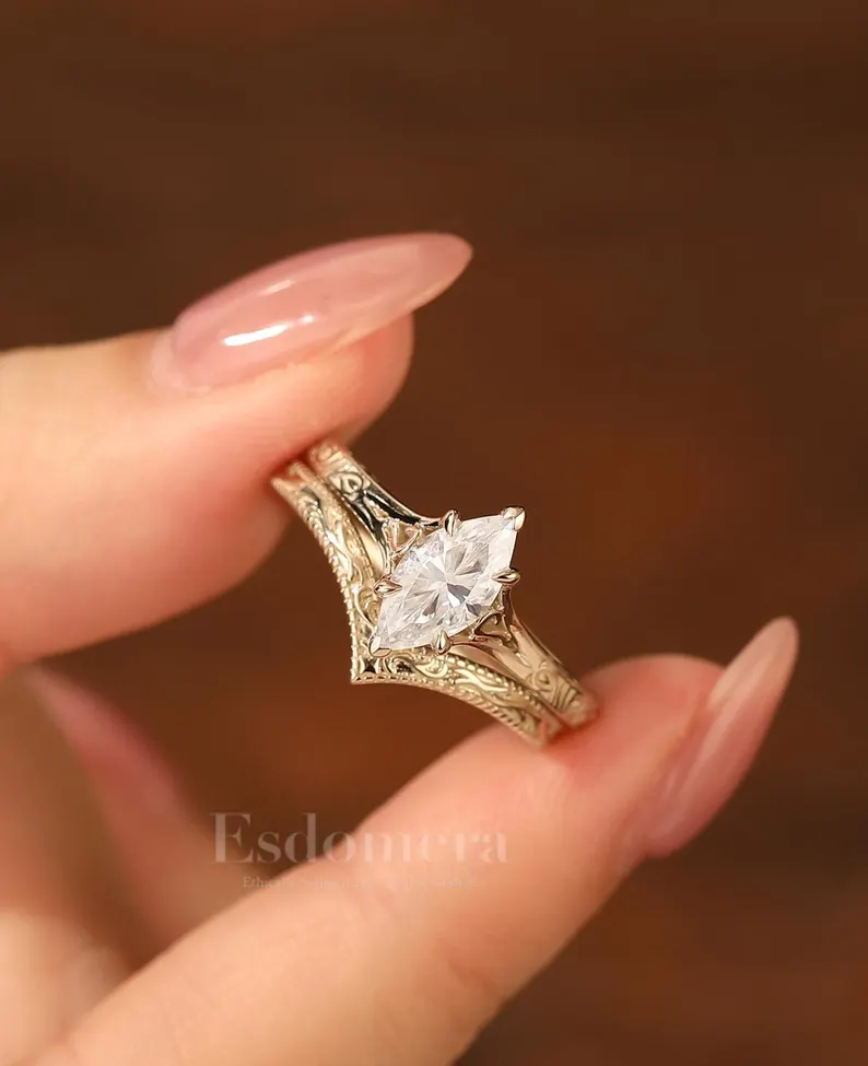 Antique Solitaire 1CT Marquise Moissanite Engagement Ring Set 14K Solid Gold Engraved Ring Set