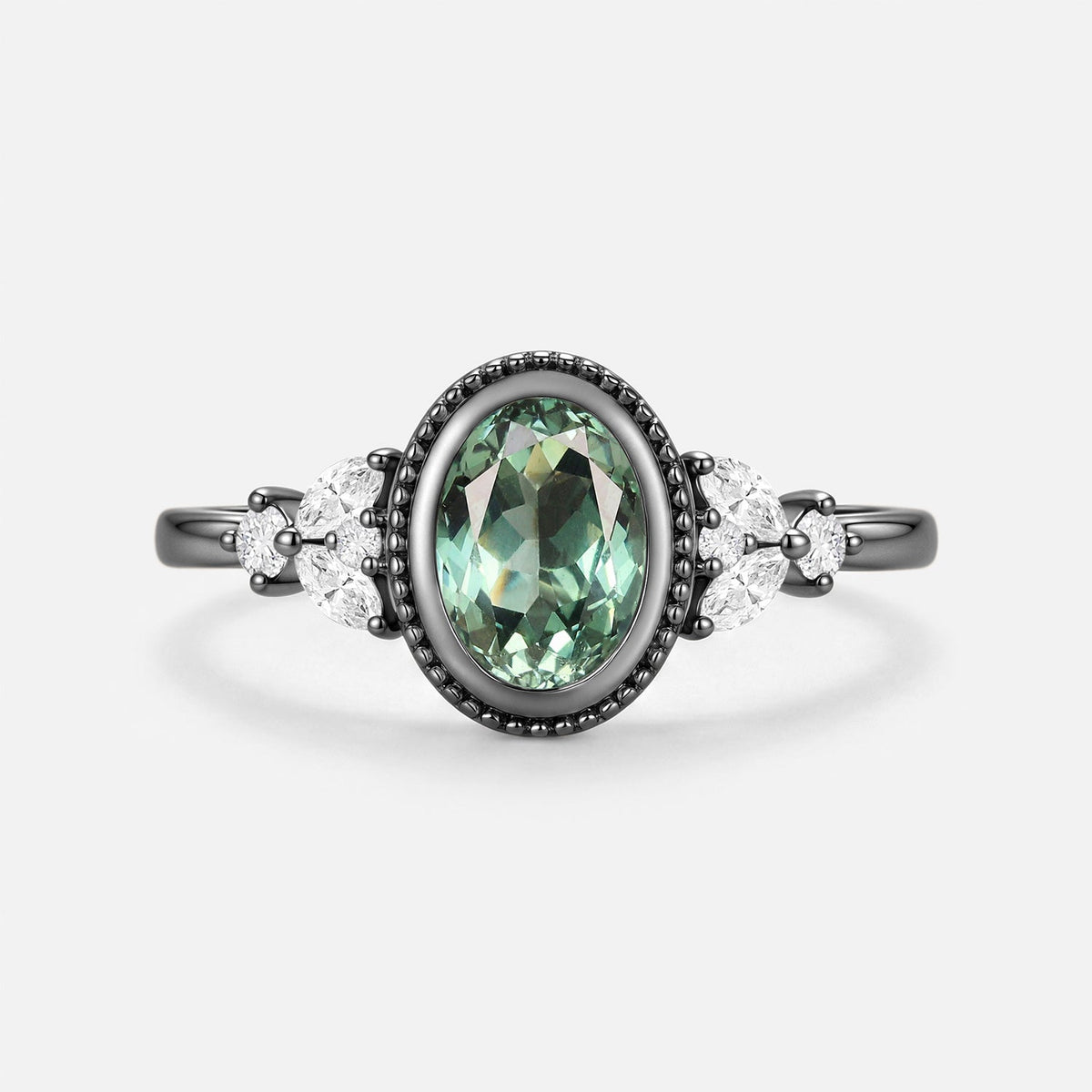 Oval Cut Bezel Lab Green Sapphire Cluster Engagement Ring - Celestia