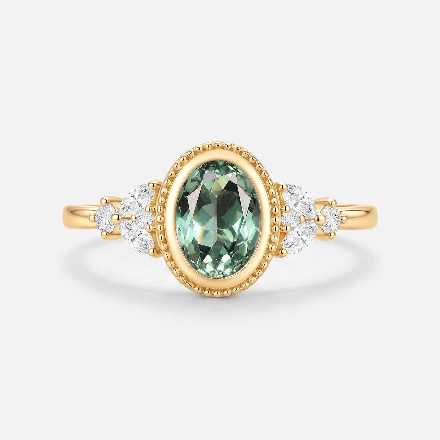Oval Cut Bezel Lab Green Sapphire Cluster Engagement Ring - Celestia