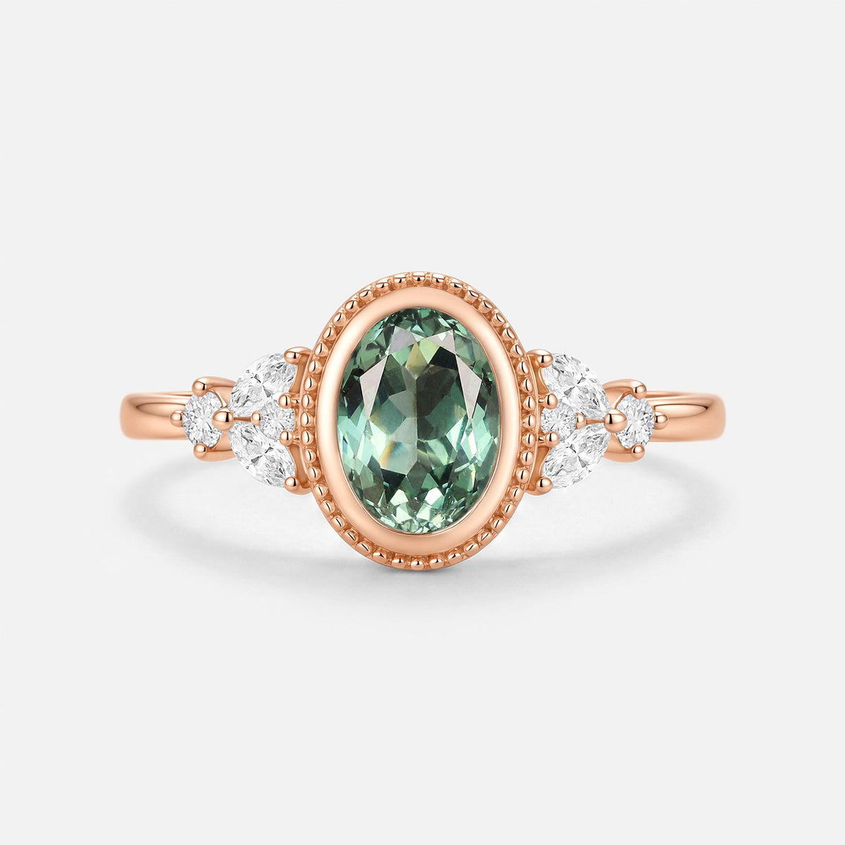 Oval Cut Bezel Lab Green Sapphire Cluster Engagement Ring - Celestia