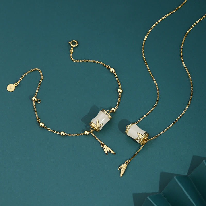 Fortune Jewel 925 Sterling Silver 22K Gold Hetian White Jade Bamboo Leaf Luck Necklace Pendant Bracelet