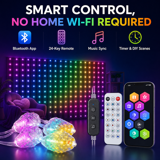 RGBIC Curtain Lights, 6.6 x 6.6 ft – Bluetooth App, Remote & Music Sync