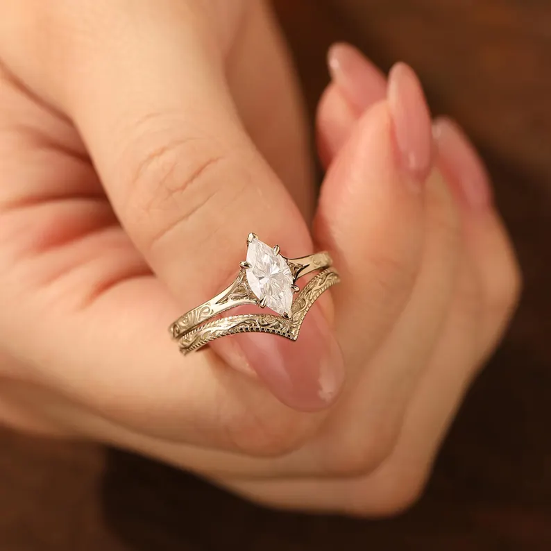 Antique Solitaire 1CT Marquise Moissanite Engagement Ring Set 14K Solid Gold Engraved Ring Set