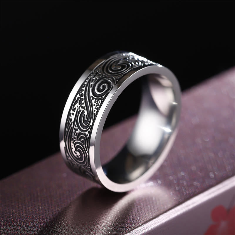 Fortune Jewel Vintage Wave Auspicious Clouds Engraved Pattern Titanium Steel Balance Ring