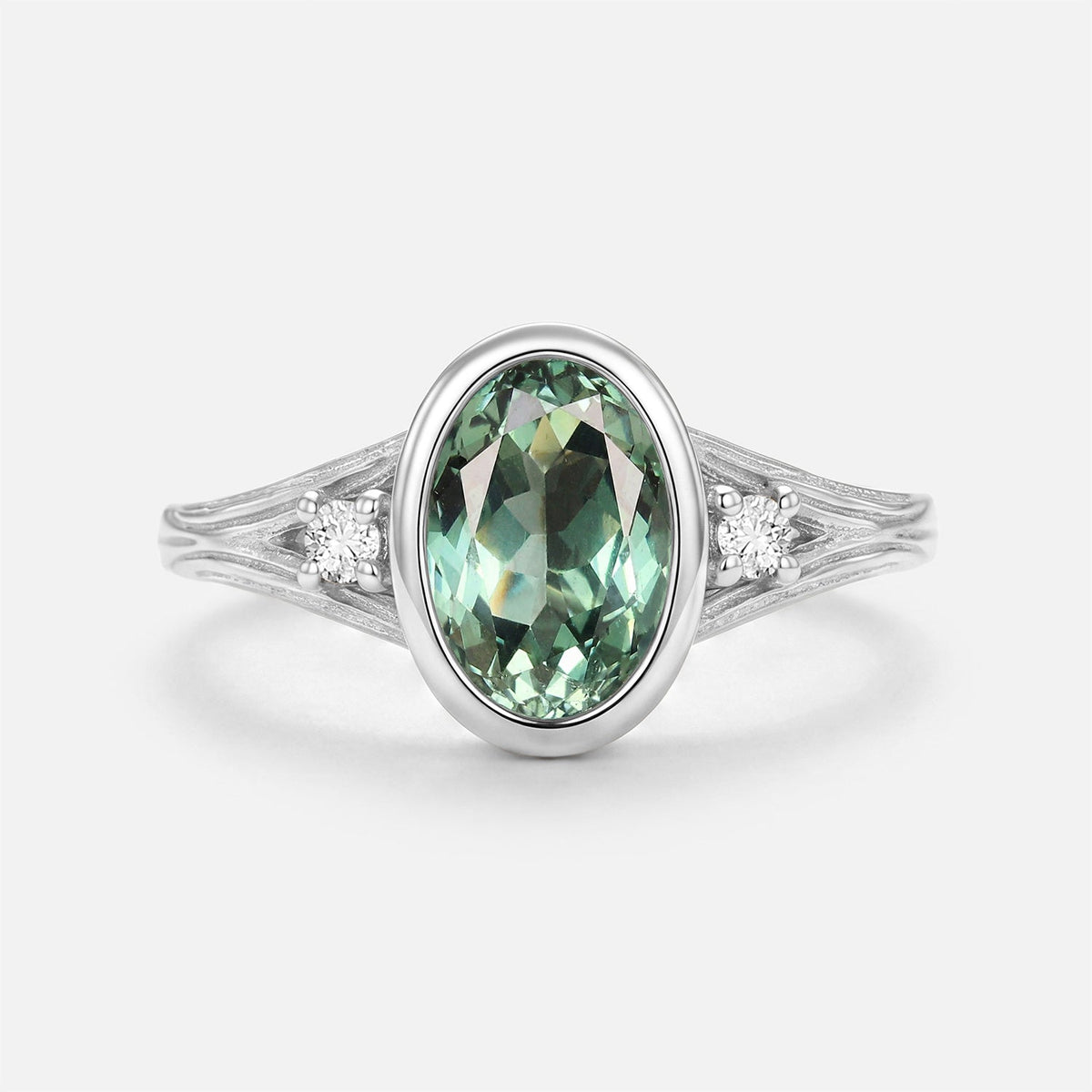 Oval Cut Bezel Lab Green Sapphire Engraved Engagement Ring - Quill