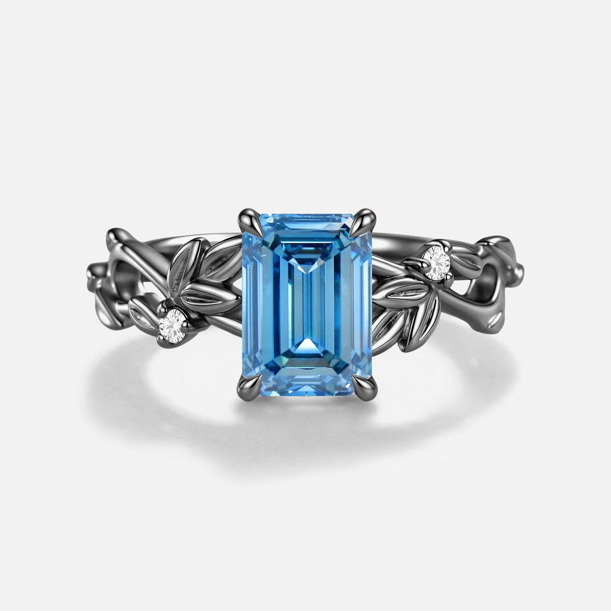 Emerald Cut Blue Lab Grown Diamond Leaf Minimalist Engagement  Ring - Rosemary