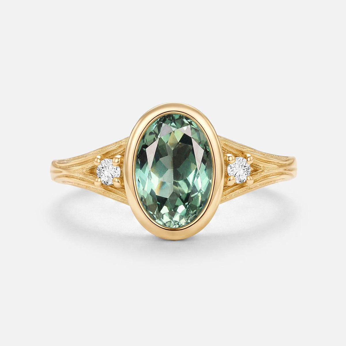 Oval Cut Bezel Lab Green Sapphire Engraved Engagement Ring - Quill