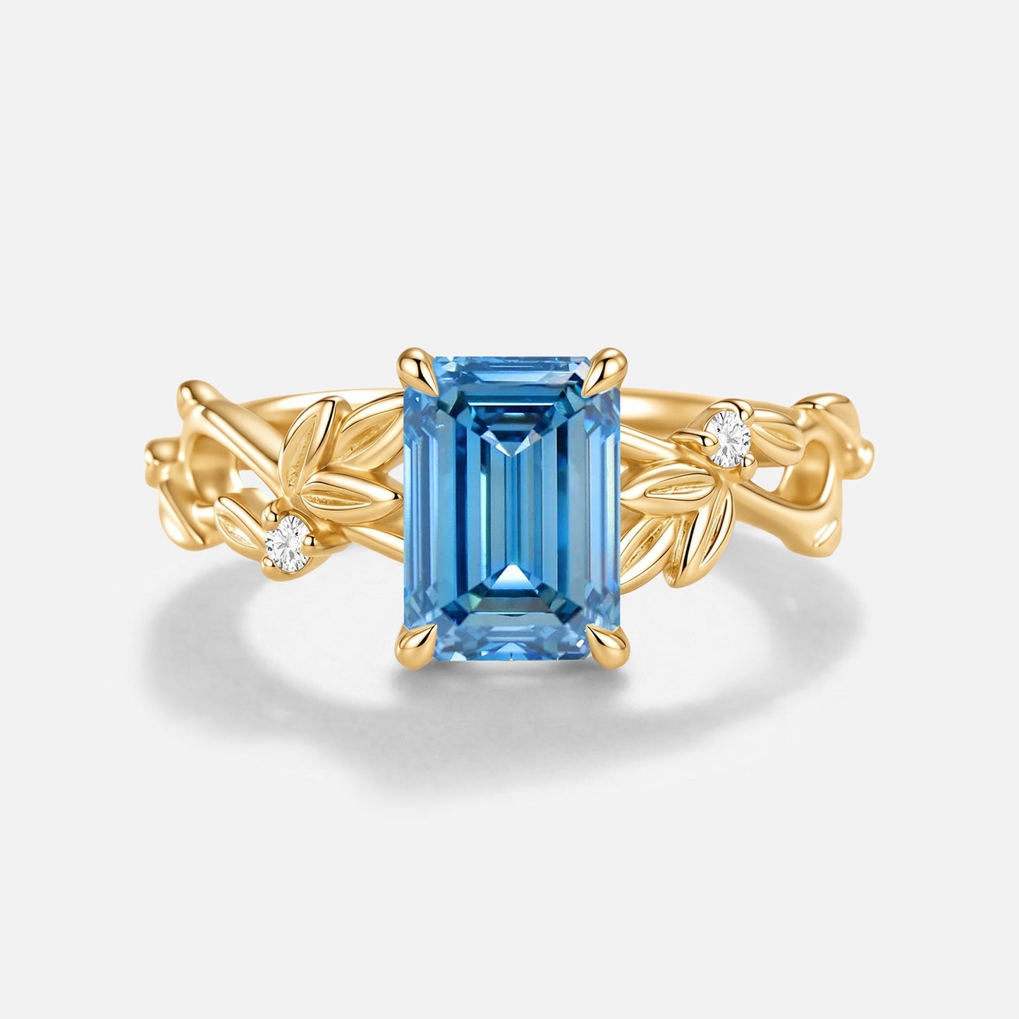 Emerald Cut Blue Lab Grown Diamond Leaf Minimalist Engagement  Ring - Rosemary
