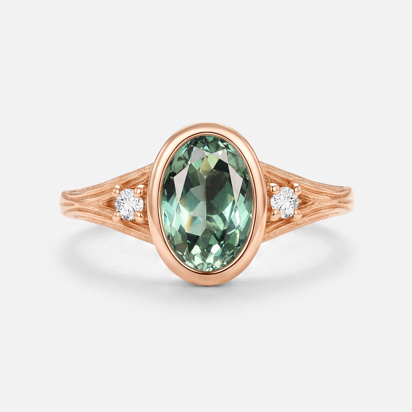 Oval Cut Bezel Lab Green Sapphire Engraved Engagement Ring - Quill